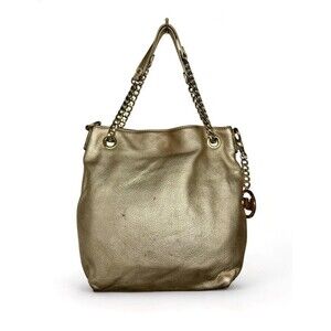 Michael Kors Metallic Gold Pebble Leather Zip GOLD LOGO Satchel Handbag Chain